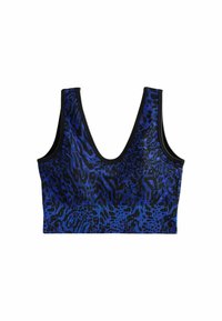 Modra in črna leopardja barva crop top s globokim V-izrezom. Narejen iz raztegljive tkanine, vsebuje kontrastni črni rob okoli robov.