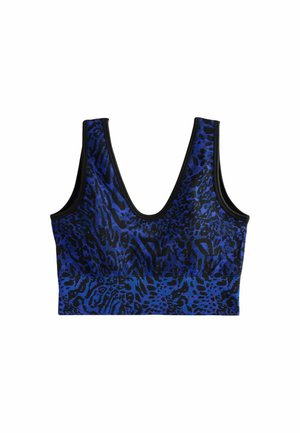 Blå och svart leopardmönstrad crop top med djup V-halsringning. Tillverkad av elastiskt tyg och har ett kontrasterande svart kantband längs kanterna.
