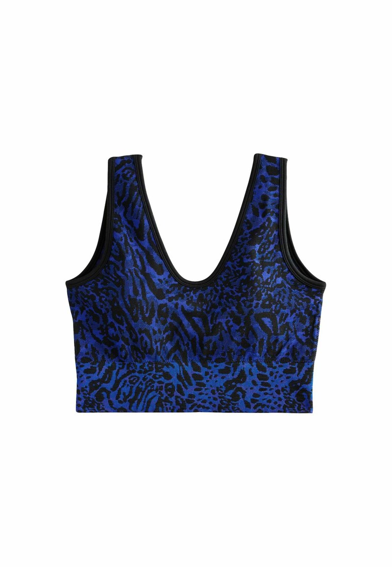 Modra in črna leopardja barva crop top s globokim V-izrezom. Narejen iz raztegljive tkanine, vsebuje kontrastni črni rob okoli robov.