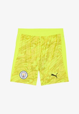 Pantalones cortos del Manchester City en un amarillo brillante con un patrón de remolino dinámico, con una cintura elástica y el logo de Puma en negro.