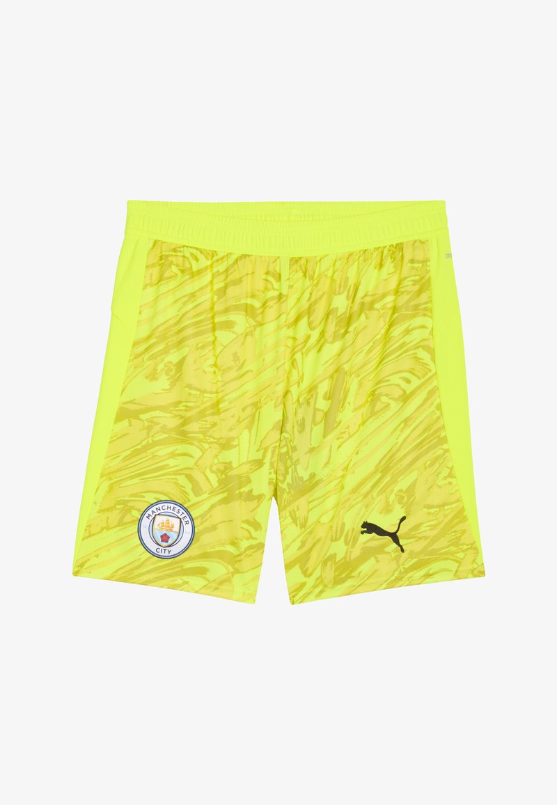Pantaloncini del Manchester City in giallo brillante con un motivo a spirale dinamico, dotati di una vita elasticizzata e del logo Puma nero.