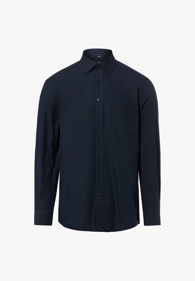 Chemise bleu marine à manches longues avec col boutonné et poche poitrine, présentée sur un fond blanc.