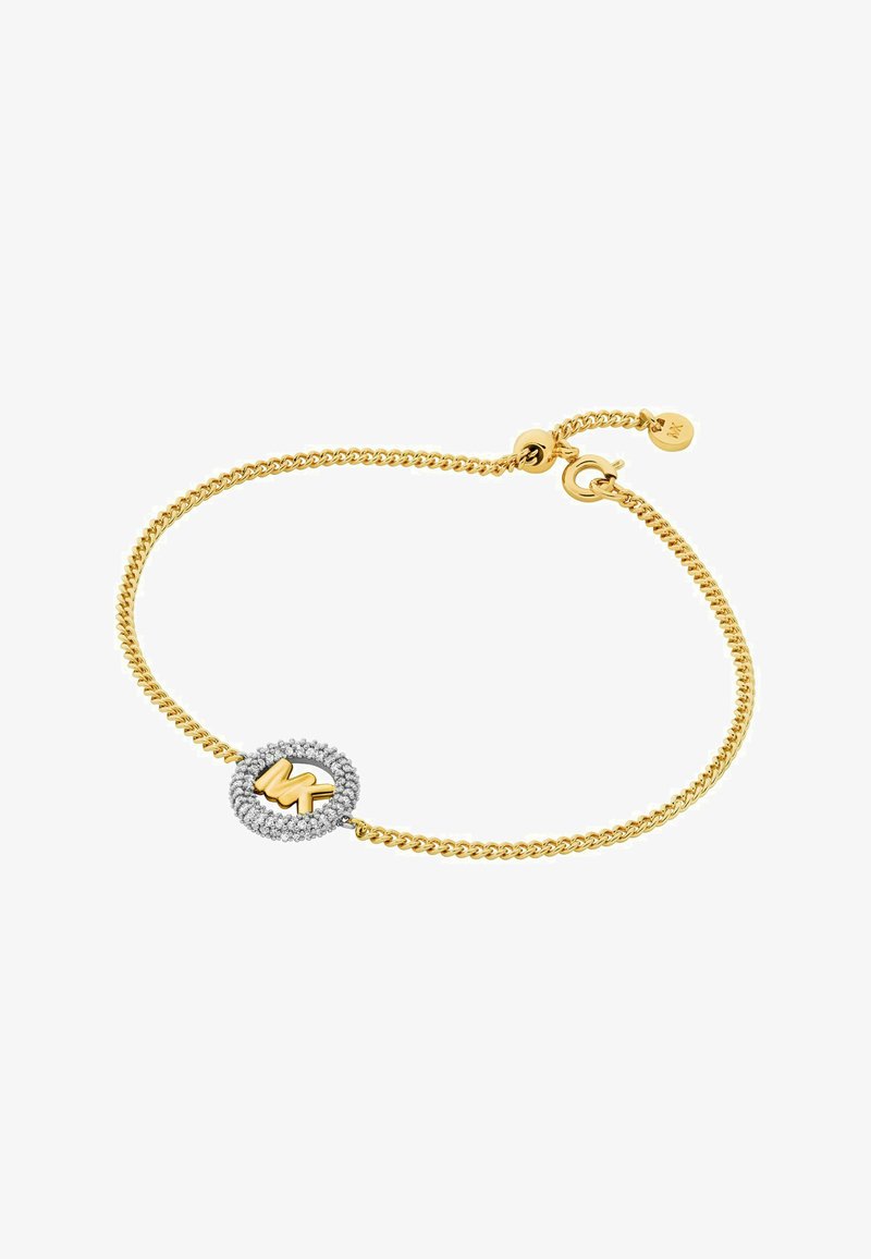 Bracelet en chaîne dorée avec un élément central circulaire en argent, un bord décoratif et un accent doré. Fermoir ajustable pour un meilleur ajustement.