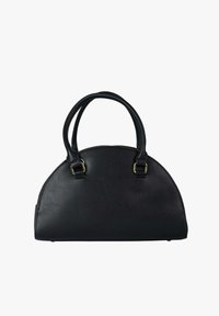 Borsa a mano in pelle nera con forma semicircolare, due manici superiori e dettagli in metallo dorato. La superficie è liscia con una finitura opaca.