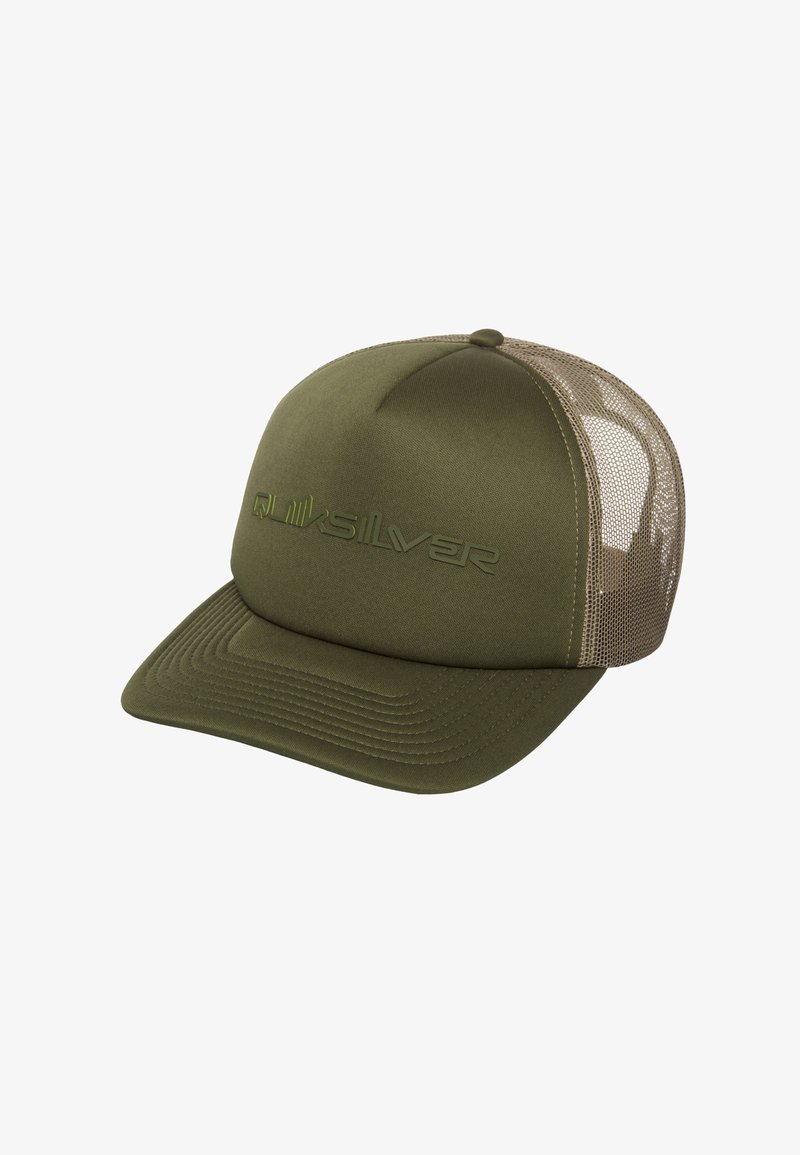 Casquette trucker Quiksilver vert olive avec une visière incurvée et un panneau arrière en mesh beige.