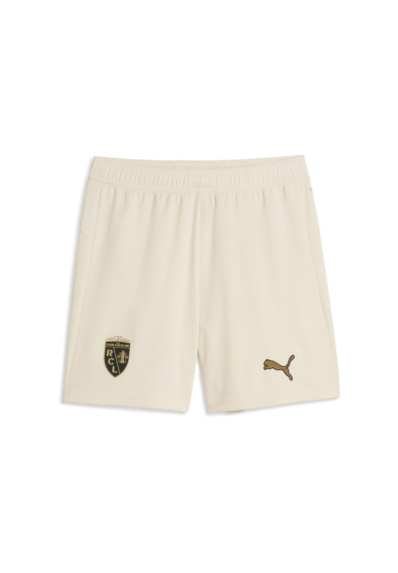 Creamfarvede sports shorts med elastisk talje, et mørkt logo på venstre ben og et lille brunt Puma-logo på højre ben.