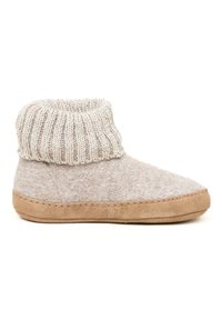 Gray felt slipper with a knitted cuff, soft texture, rounded toe, and a tan suede sole. Features neat stitching around the base.