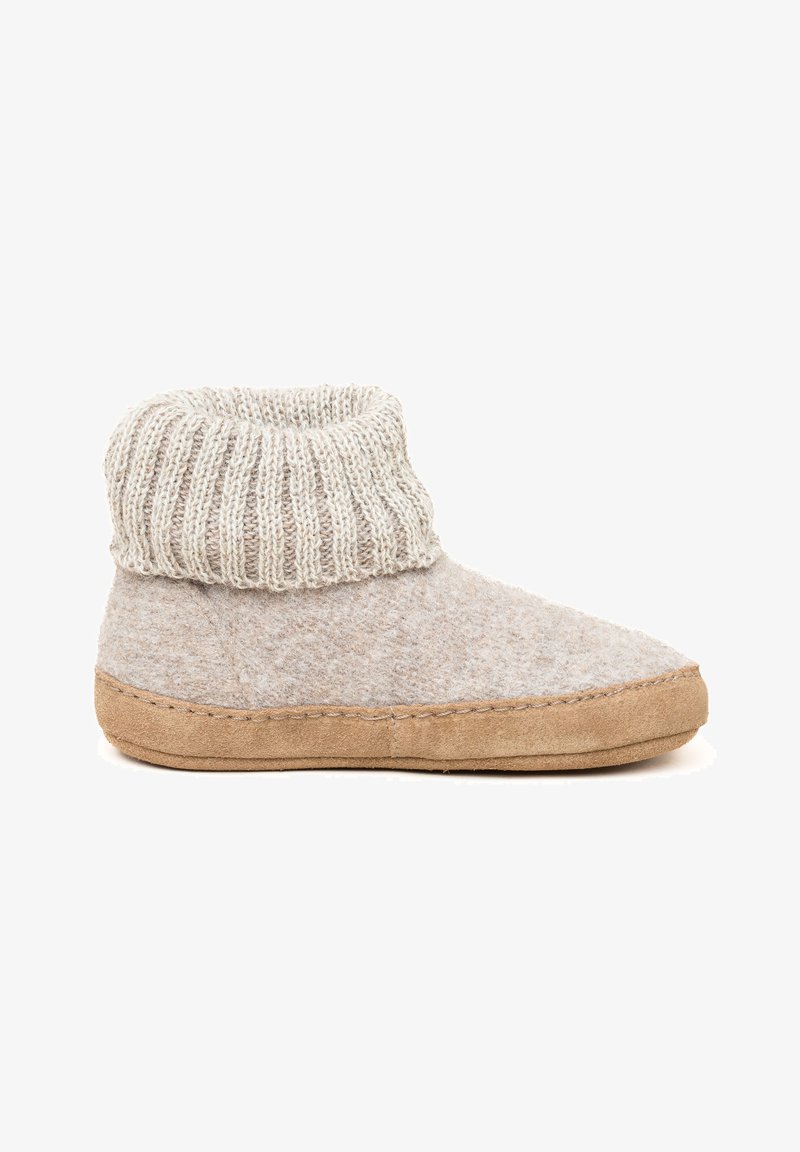 Gray felt slipper with a knitted cuff, soft texture, rounded toe, and a tan suede sole. Features neat stitching around the base.