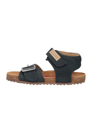 Kinderschwarze Sandale mit offenem Zehenbereich, verstellbaren Riemen am Knöchel und an den Zehen, Kork-Fußbett und profilierter Gummisohle.