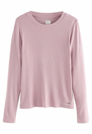 Dlouhý rukáv, vroubkovaný top z měkké růžové látky. Má kulatý výstřih a malou značkovou cedulku blízko lemu. Regular fit a hladká textura.