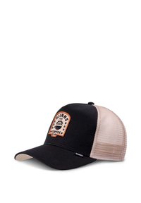 Black cap with mesh beige back, curved brim, and a rectangular patch featuring brown stitching and coffee-themed graphics.