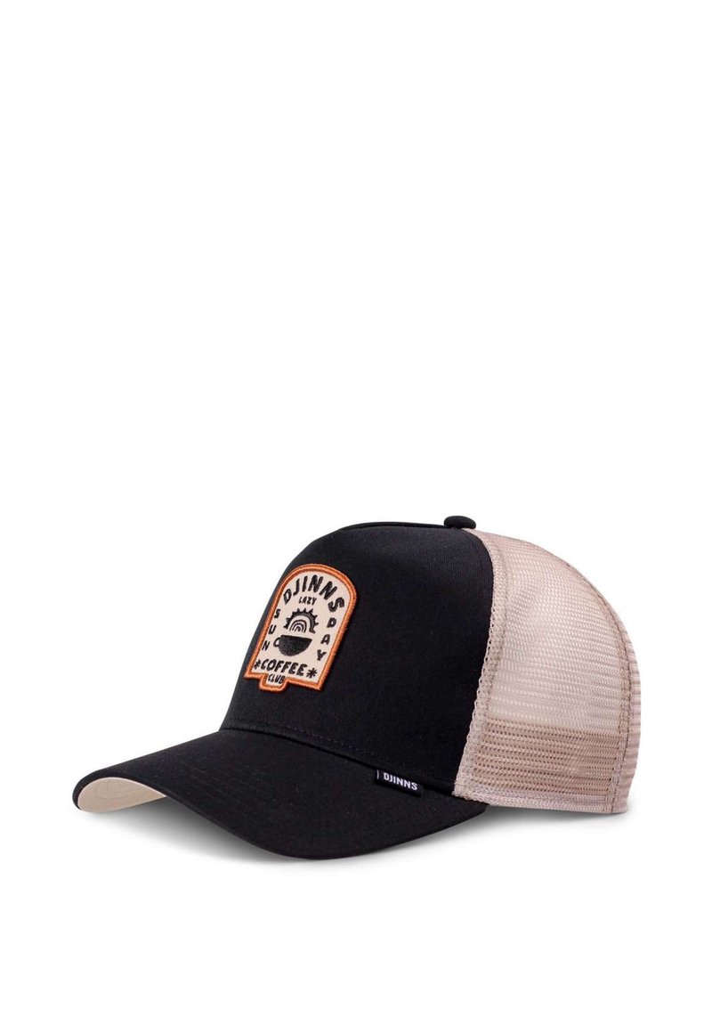 Black cap with mesh beige back, curved brim, and a rectangular patch featuring brown stitching and coffee-themed graphics.