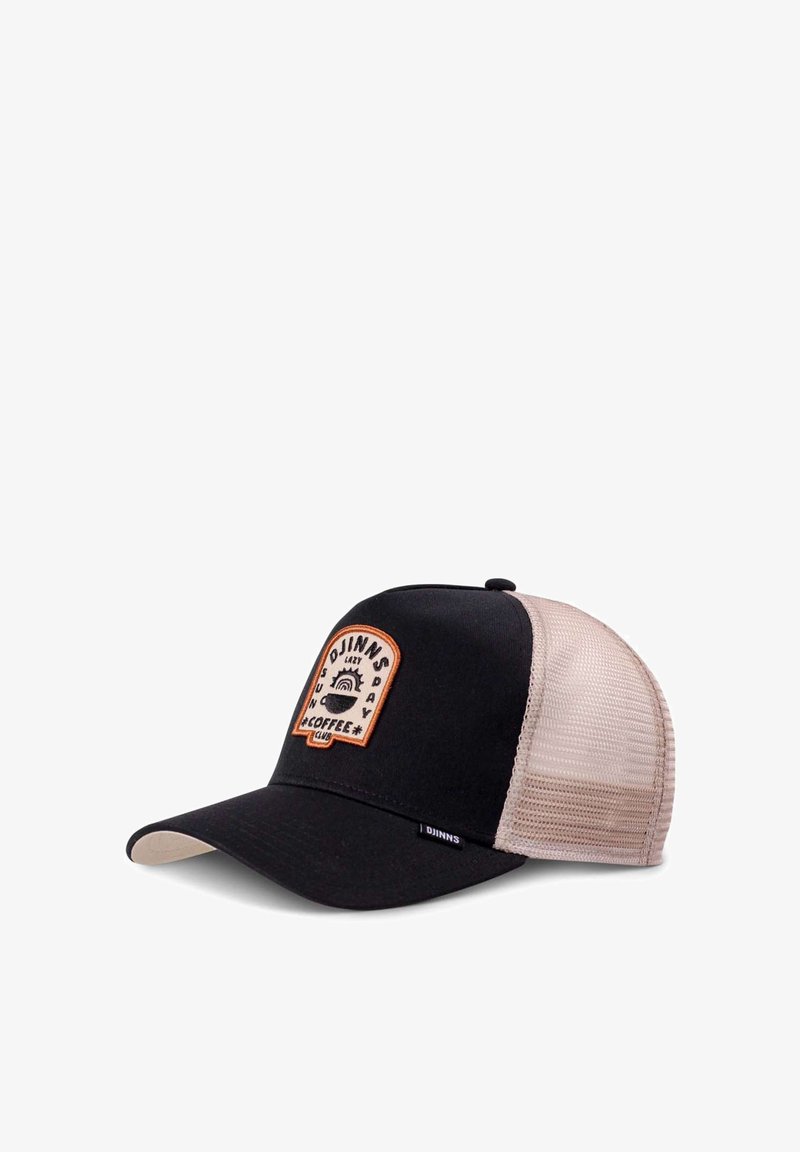 Black cap with mesh beige back, curved brim, and a rectangular patch featuring brown stitching and coffee-themed graphics.