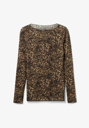 Haut à manches longues marron avec un motif animal noir. Tissu doux avec un col arrondi et un ourlet discret.