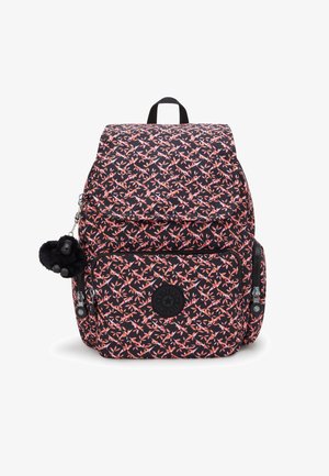 Sac à dos noir avec un motif floral en rose et orange. Comprend une poche avant, des bretelles réglables et un porte-clés charm en pompon.