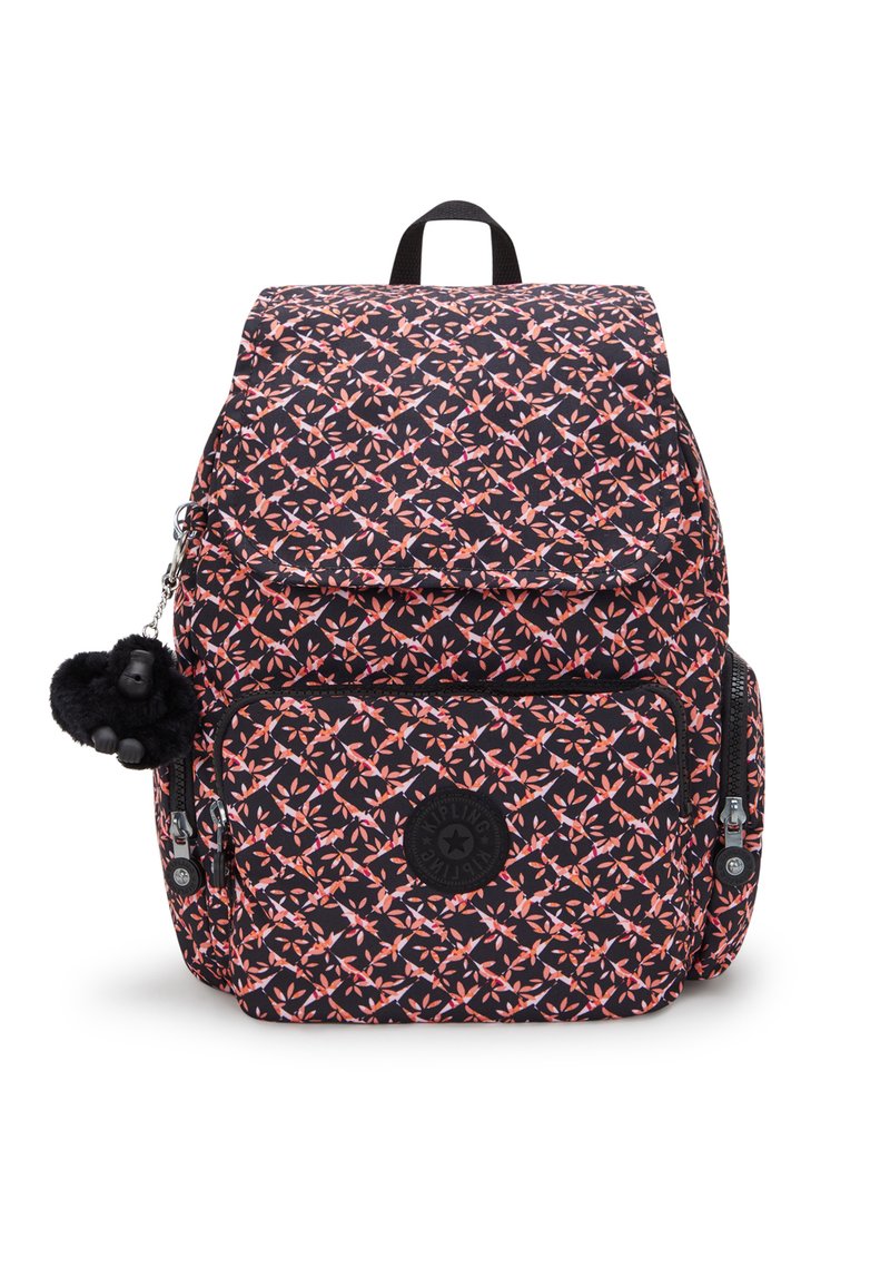 Black backpack with a floral pattern in pink and orange. Features a front pocket, adjustable straps, and a pom-pom keychain charm.