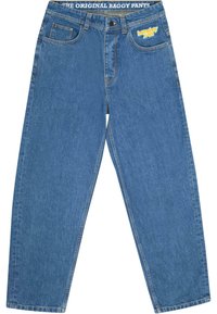 Baggy jeans i mellomblå. Har fem lommer, knapp- og glidelås-stenging, med et merket belte og subtile sømdetaljer.