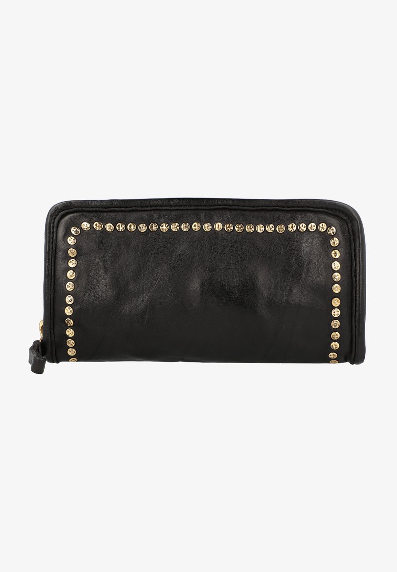 Portafoglio in pelle nera con bordo borchiato in oro, chiusura a zip e superficie testurizzata. Design compatto adatto per l'essenziale.