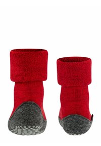 Calze rosse in maglia con risvolti, dotate di una suola grigia con punti di grip testurizzati e una parte superiore rossa liscia. Materiale in morbida lana.