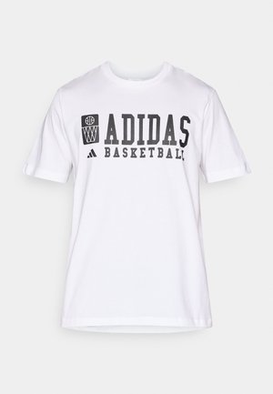 Weißes Baumwoll-T-Shirt mit schwarzem "ADIDAS BASKETBALL"-Schriftzug und Logo, kurzen Ärmeln, rundem Ausschnitt und lockerer Passform.
