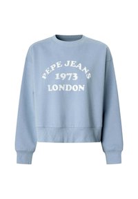 Lichtblauwe sweatshirt met ribgebreide manchetten en onderkant, met daarop in het wit de tekst "PEPE JEANS 1973 LONDON" in een vet, gebogen ontwerp.