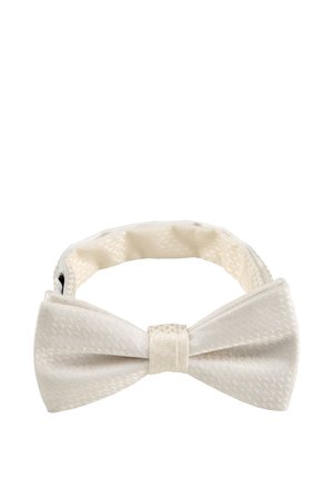 Elfenbeinfarbene Satinfliege mit dezentem Hahnentrittmuster, vorgebunden mit verstellbarem Nackenband für formelle Kleidung.