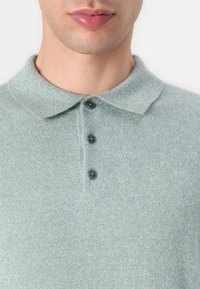 Světle zelený pletený polo triko s jemnou texturou, s klasickým límcem a třemi odpovídajícími knoflíky vpředu.