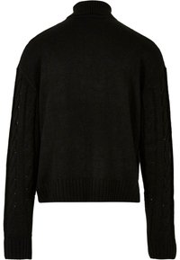Maglione nero a maglia con colletto alto, caratterizzato da motivi a treccia lungo le maniche e orlo a coste. Texture morbida e vestibilità rilassata.
