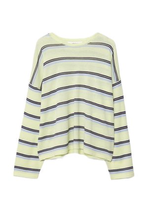 Světlá žlutá košile s dlouhým rukávem s horizontálními černými a světle modrými pruhy, kulatý výstřih a volný střih.