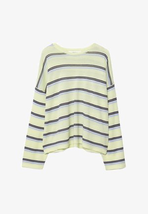 Světlá žlutá košile s dlouhým rukávem s horizontálními černými a světle modrými pruhy, kulatý výstřih a volný střih.