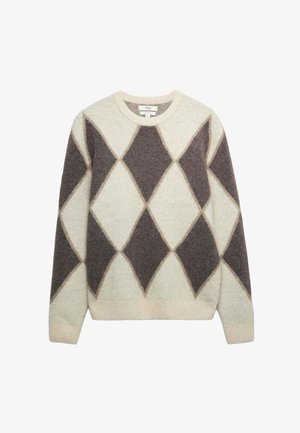 Maglione in lana crema e grigia con grande motivo a rombi argyle, scollo rotondo e polsini e orlo a coste.