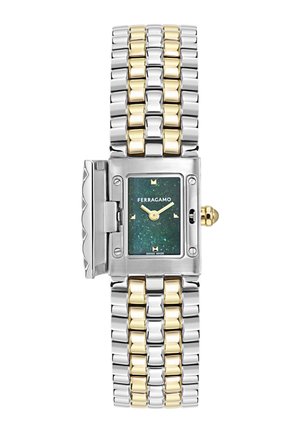 Rectangular Ferragamo wristwatch with green speckled dial, gold hands, two-tone silver and gold metal bracelet, and protective hinged cover.