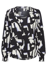 Blusa a fantasia bianco e nero con scollo a V, maniche lunghe con polsini arricciati e chiusura con bottoni. Il tessuto è leggero e testurizzato.