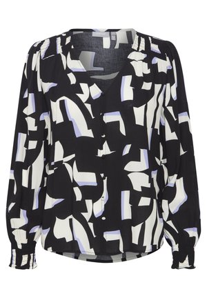 Zwart-wit geblokte blouse met een V-hals, lange mouwen metGathered cuffs en een knoopsluiting. De stof is lichtgewicht en gestructureerd.