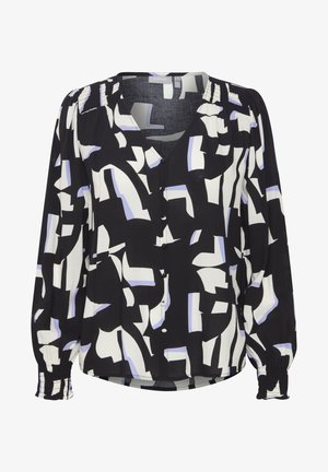 Zwart-wit geblokte blouse met een V-hals, lange mouwen metGathered cuffs en een knoopsluiting. De stof is lichtgewicht en gestructureerd.