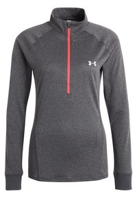 Maglietta sportiva a maniche lunghe di colore grigio scuro con colletto alto e chiusura a mezza zip, caratterizzata da una zip rossa a contrasto e un logo bianco sul petto.