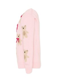 Różowy kardigan robiony na drutach z motywem misiów, zdobieniami haftowanymi oraz zapięciem na guziki. Miękka faktura z ribbrowanymi mankietami i dołem.