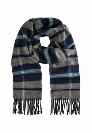 Karierte Schal in Marineblau und Grau aus weichem Stoff, mit blauen und braunen Linien. Fransen an beiden Enden sorgen für Textur.