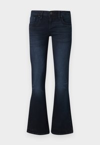 Jean en denim bleu foncé avec un léger évasement en bas, bouton devant et style cinq poches.