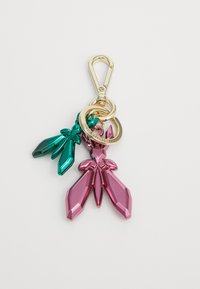 Portachiavi in metallo con forme di foglia in acrilico rosa e verde, dotato di gancio girevole oro e anelli per il fissaggio.