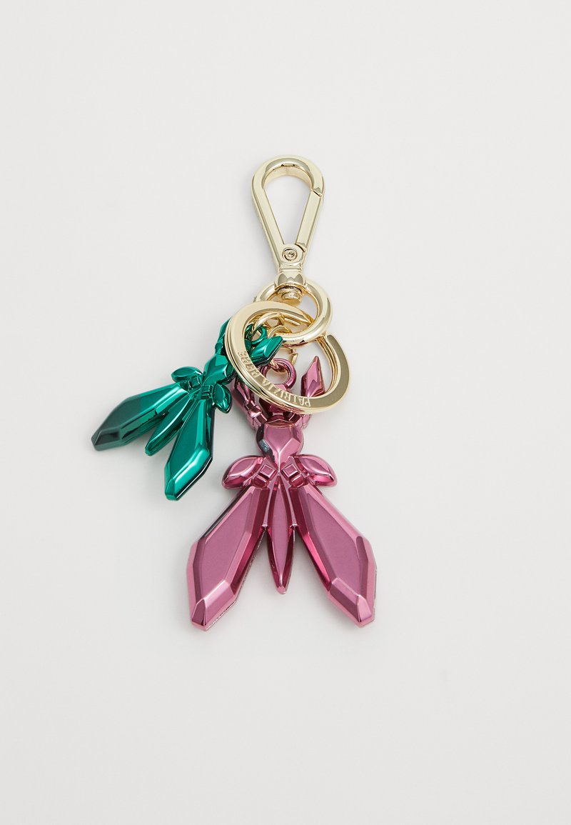 Portachiavi in metallo con forme di foglia in acrilico rosa e verde, dotato di gancio girevole oro e anelli per il fissaggio.