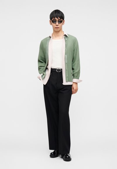 Νεαρός με κοντά μαύρα μαλλιά που φοράει μαύρα γυαλιά ηλίου, πράσινη ζακέτα πάνω από ανοιχτόχρωμο πουκάμισο, λευκό μπλουζάκι, μαύρο παντελόνι και μαύρα παπούτσια.