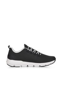 Black athletic shoe with a smooth fabric upper, white sole, and contrasting white laces. Features perforated detailing for breathability.