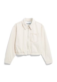 Ljust beige kort jacka i bomull. Har en dragkedja fram, krage och en enskild bröstficka med synlig sömnadsdetalj.