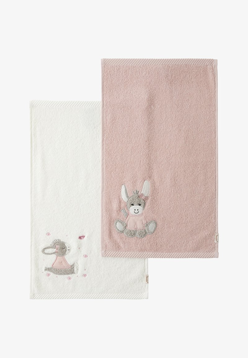 Two towels: one white, featuring a gray rabbit with a pink shirt and splashes, and one pink with a gray rabbit design. Both are soft and textured.