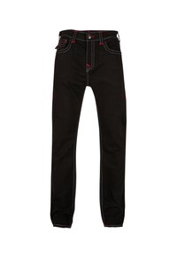 Jeans negre slim-fit cu accente roșii, închidere cu buton, bucle pentru curea și buzunare frontale și posterioare pe un fundal alb.