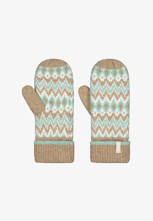 Strickhandschuhe mit einem geometrischen Muster in Türkis, Weiß und Braun. Mit einem hellbraunen gerippten Bündchen und Daumenöffnung. Aus weichem Wolle-Mischgewebe.