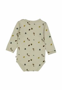 Langärmliger Babybody in Hellbeige mit naturbezogenen Motiven, darunter Schnecken, Blätter und Pilze in Braun, Grün und Gelb.