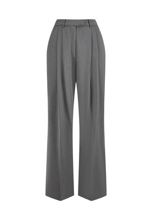 Pantalons gris ajustés avec une taille haute, jambe large et plis devant. Fabriqués en tissu texturé, avec un motif subtil et des passants de ceinture.