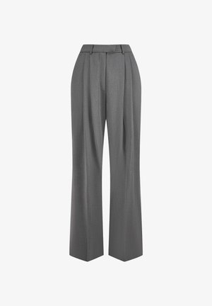 Grijze op maat gemaakte broek met een hoge taille, wijde pijpen en plooien aan de voorkant. Gemaakt van gestructureerde stof, met een subtiel patroon en riemlussen.